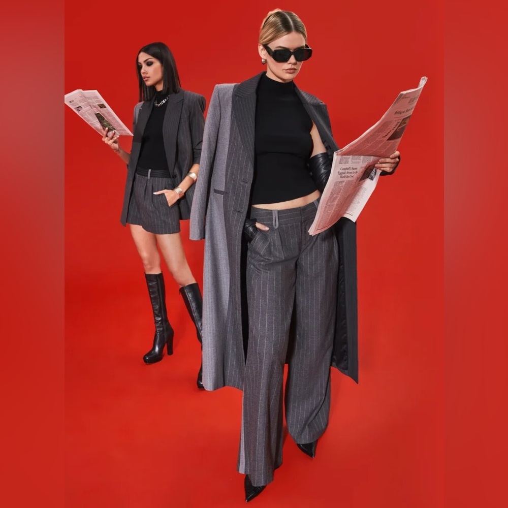 Alice + Olivia Stacey Bendet Eric Racing Stripe Pants Charcoal Gray Pintstripe